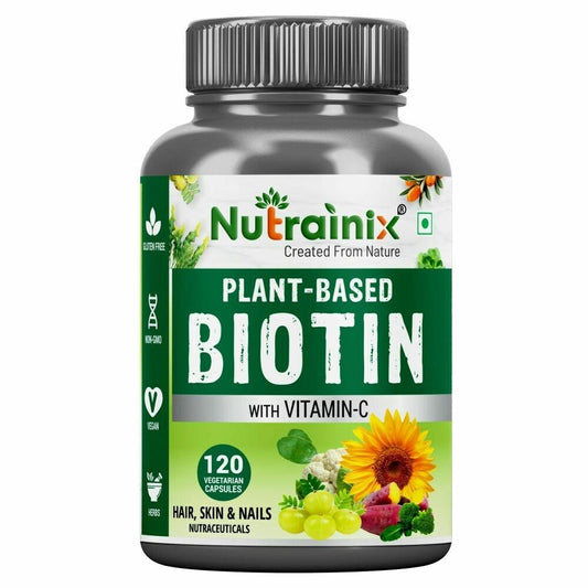 Nutrainix Plant-Based Biotin - 120 Vegetarian Tablets, Supports Hair Growth, Skin Glow & Strong Nails, Vegan, Non-GMO, Gluten-Free Biotin Supplement for Men & Women