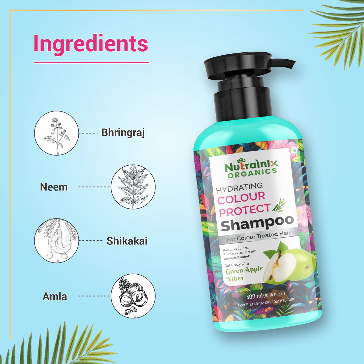 Nutrainix Organics Hydrating Colour Protect Shampoo | Green Apple Formula for Soft, Vibrant, Damage-Free Hair - 300ml