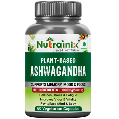 Nutrainix Plant Based Ashwagandha, Stress Relief, Energy Booster, Natural Wellness, Vegan Friendly - 60 Vegetarian Capsules