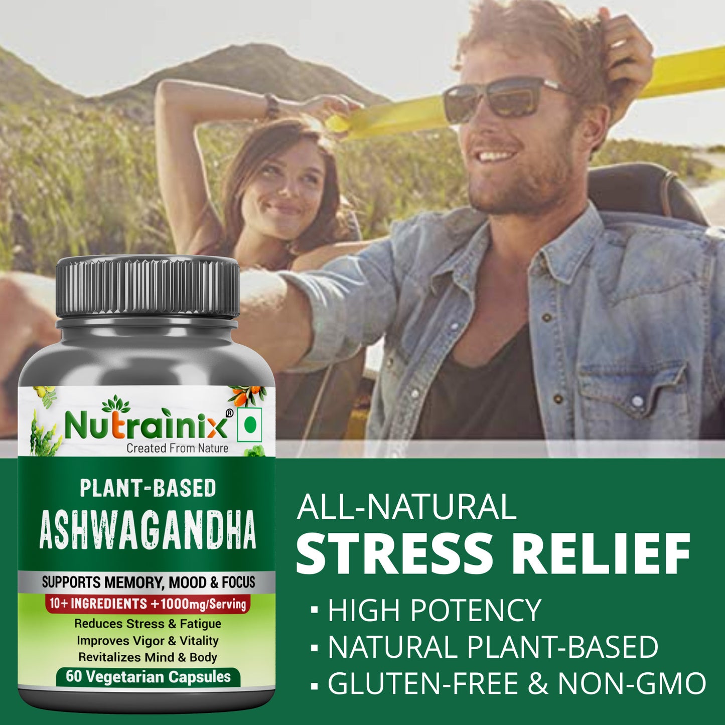 Nutrainix Plant Based Ashwagandha, Stress Relief, Energy Booster, Natural Wellness, Vegan Friendly - 60 Vegetarian Capsules