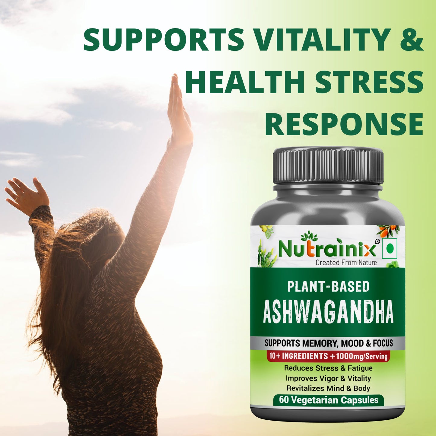 Nutrainix Plant Based Ashwagandha, Stress Relief, Energy Booster, Natural Wellness, Vegan Friendly - 60 Vegetarian Capsules