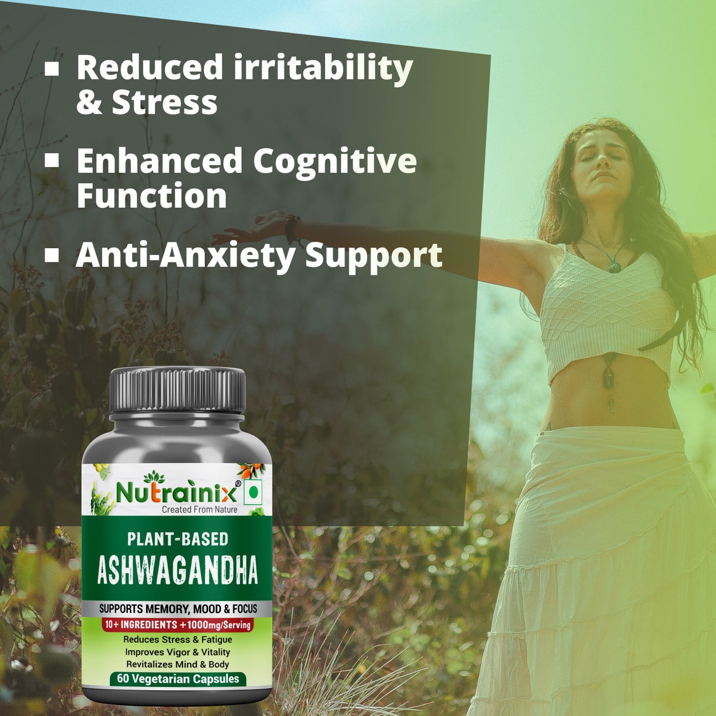 Nutrainix Plant Based Ashwagandha, Stress Relief, Energy Booster, Natural Wellness, Vegan Friendly - 60 Vegetarian Capsules