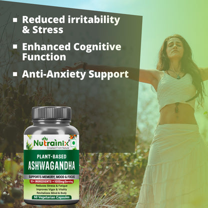 Nutrainix Plant Based Ashwagandha, Stress Relief, Energy Booster, Natural Wellness, Vegan Friendly - 60 Vegetarian Capsules